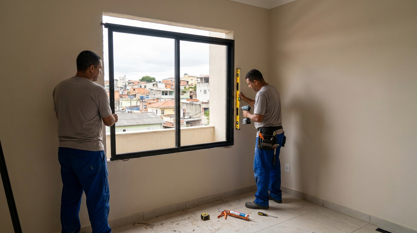 Esquadria de alumínio em quarto bege em Contagem-MG