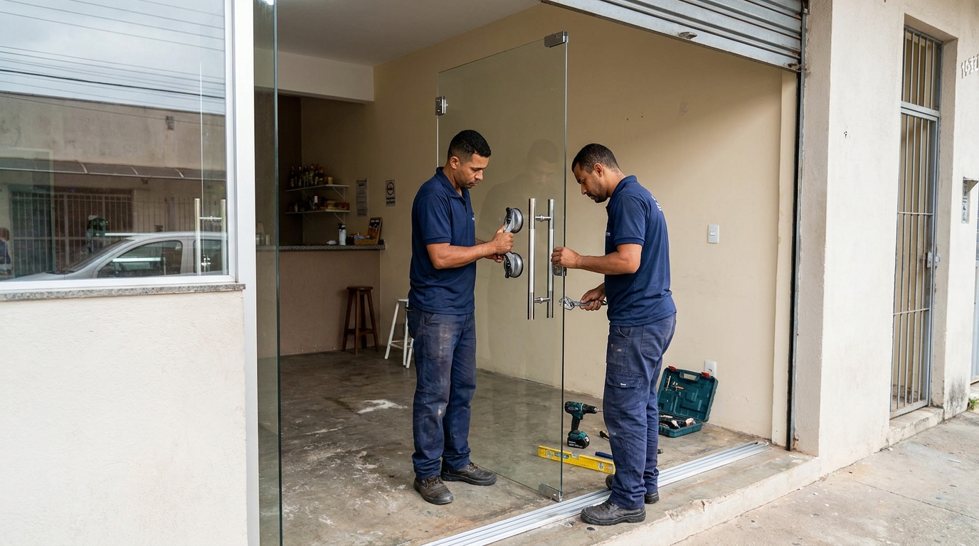 Dupla instalando porta de vidro em loja em Contagem-MG
