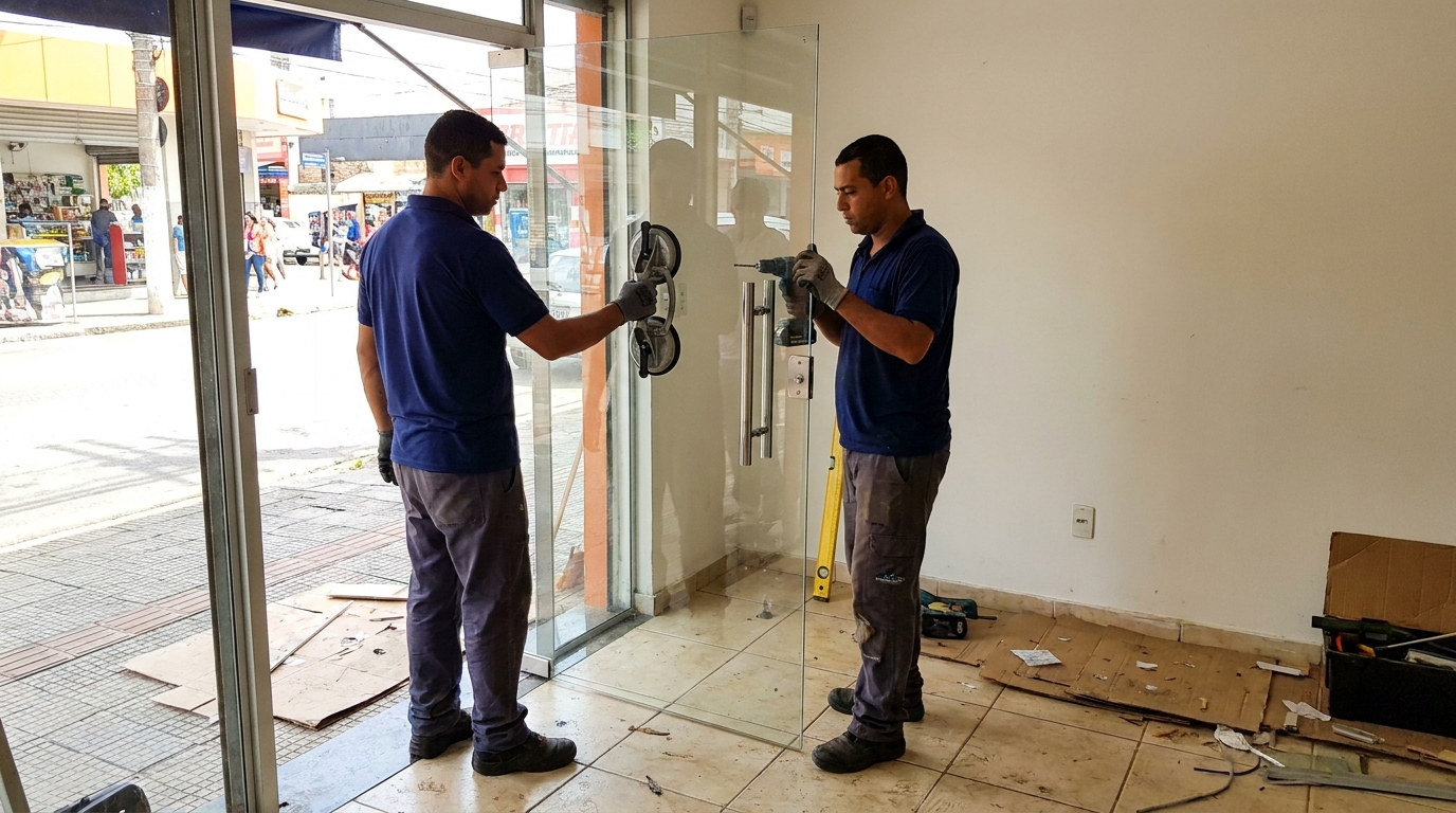 Porta de vidro de loja em rua movimentada em Contagem-MG